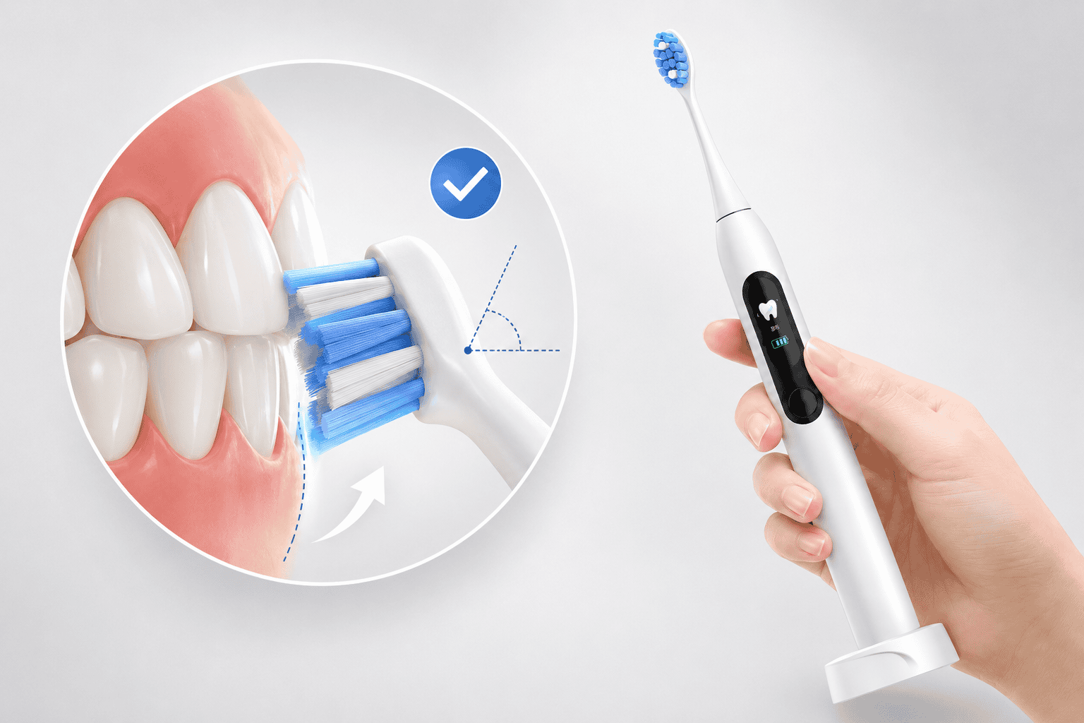 A diagram showing the correct way to hold an electric toothbrush against teeth