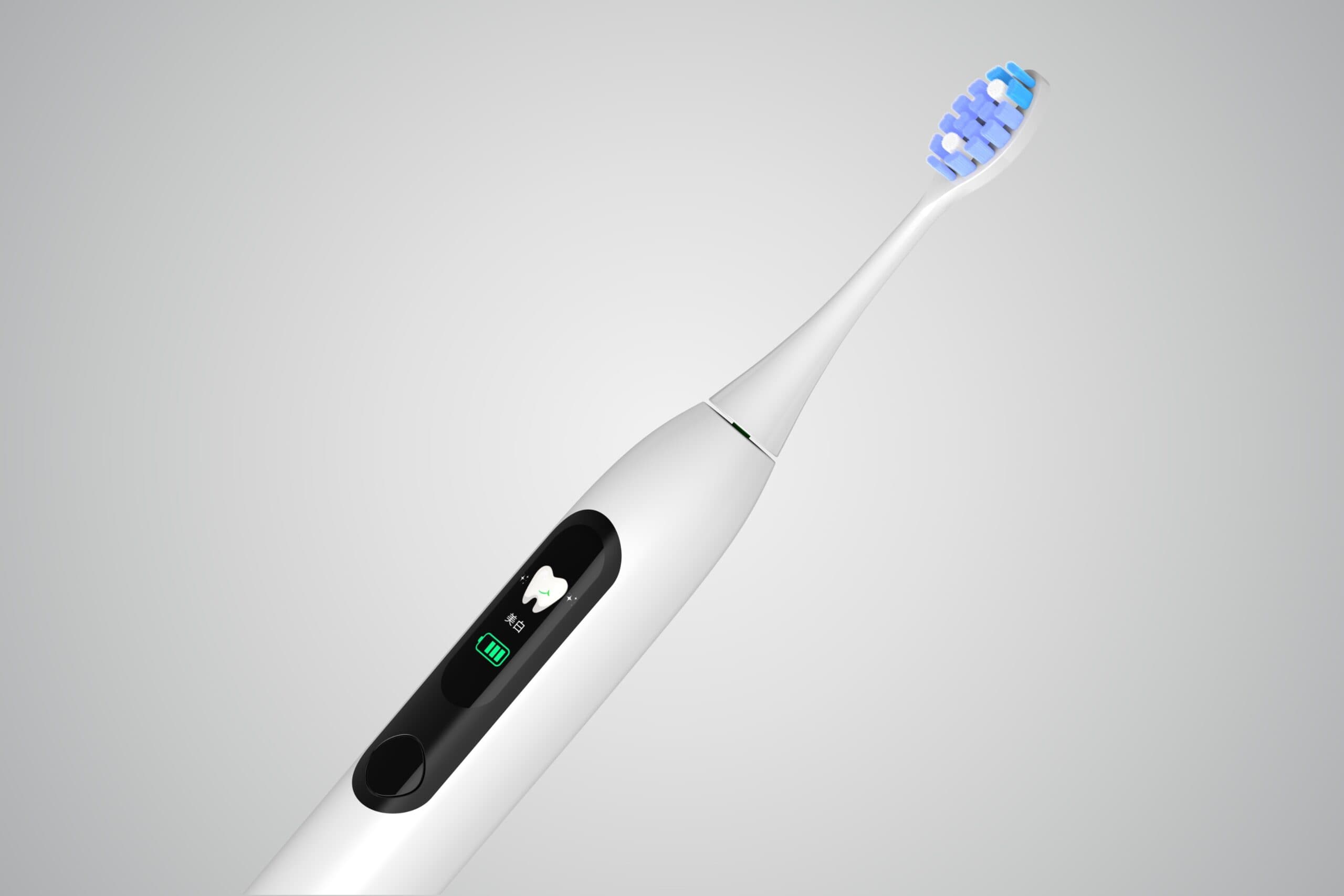 An electric toothbrush displaying its different modes on an LED screen
