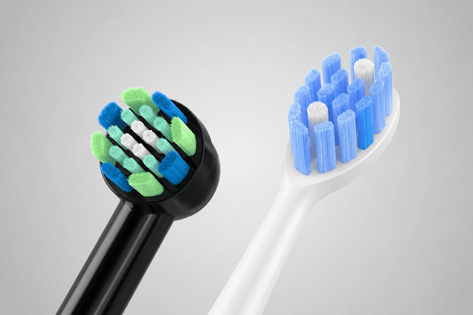 Close-up shots of an oscillating-rotating brush head and a sonic brush head