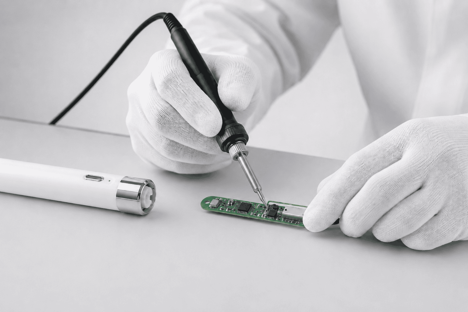 Technician soldering a PCB for an electric toothbrush